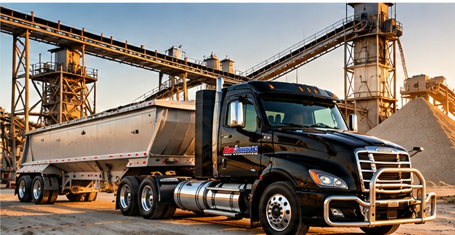 Illustrative rendering of MidAmerica-branded truck hauling a belly dump at a sand plant