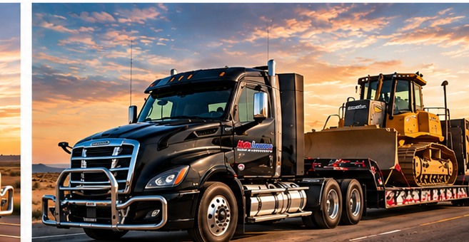 Illustrative rendering of MidAmerica-branded truck moving a bulldozer on a lowboy trailer